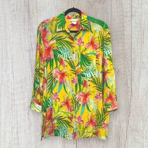 La Blanca Tropical Calypso Button-Up Cover-Up Shirt Yellow Floral Size M